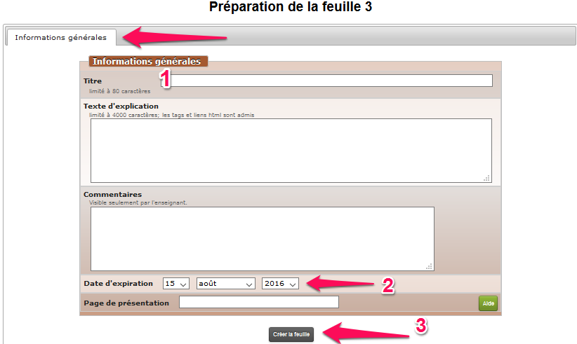 page de configuration d'une feuille d'exercices